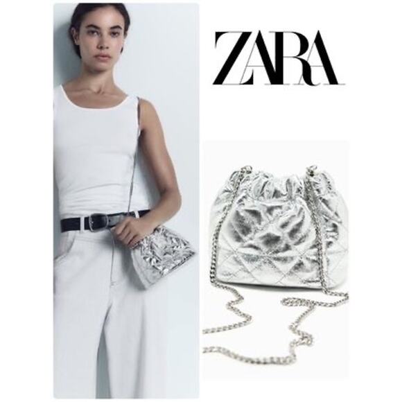ZARA Silver Metallic Quilted Mini Bucket Bag - Picture 1 of 16